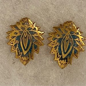 Vintage MMA Earrings Cloisonne Gold and Blue Enamel Lotus Flower pierced 1985